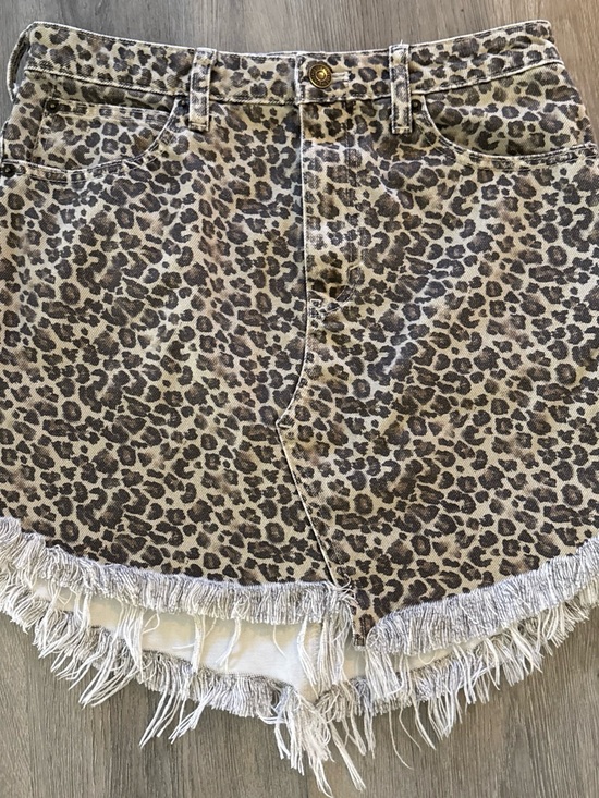 Free People Pants - Free People Leopard Print Fringe Hem Women's Denim Skirt Brown Cream Tan Blaxk